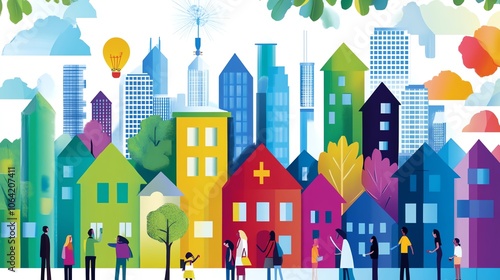 Colorful urban skyline illustration with diverse people, vibrant buildings, and greenery, representing community and diversity in a cityscape.