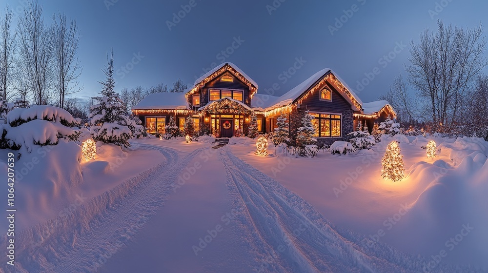 Festive house covered in snow and decorated for Christmas Festive house covered in snow and decorated for Christmas