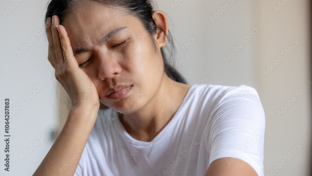 portrait of asian woman with headache portrait of asian woman with headache