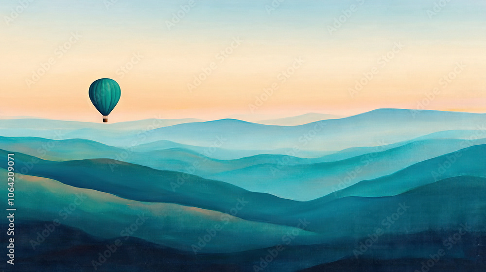 A hot air balloon soars over a pastel sky and rugged mountains A hot air balloon soars over a pastel sky and rugged mountains