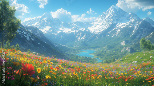 An alpine meadow dotted with wildflowers and surrounded by towering snowy peaks: The meadow is lush and green, with bright flowers creating a colorful foreground against the majest photo