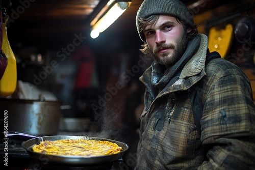 Man is holding a pan with a pizza in it