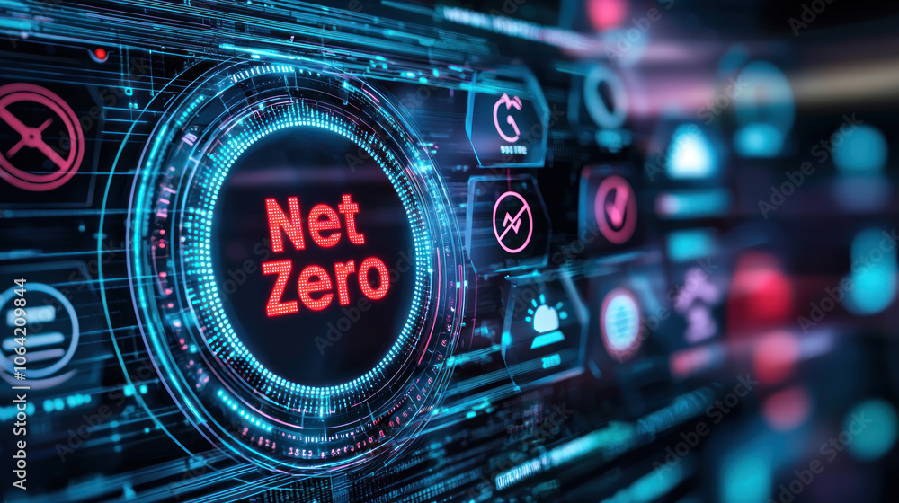 Fototapeta premium Digital display showing countdown to net zero emissions, highlighting sustainability.