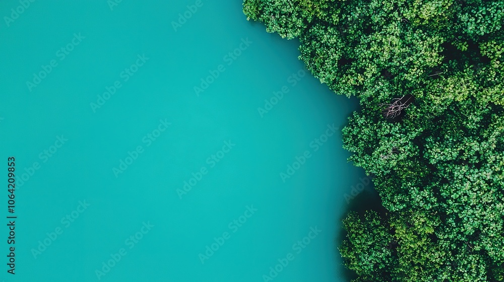 A stunning aerial shot of a serene body of water surrounded by lush green forestry in the focal point A stunning aerial shot of a serene body of water surrounded by lush green forestry in the focal point