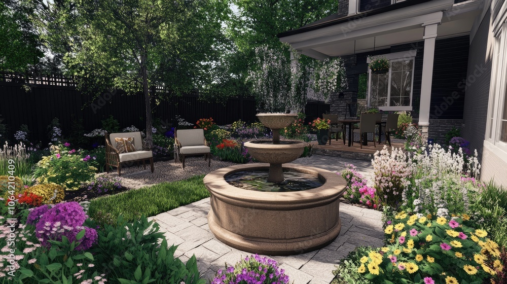 Tranquil Garden with Fountain and Colorful Flowers Tranquil Garden with Fountain and Colorful Flowers