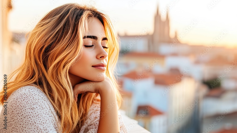 Woman Enjoying Sunrise with City View in Background Woman Enjoying Sunrise with City View in Background
