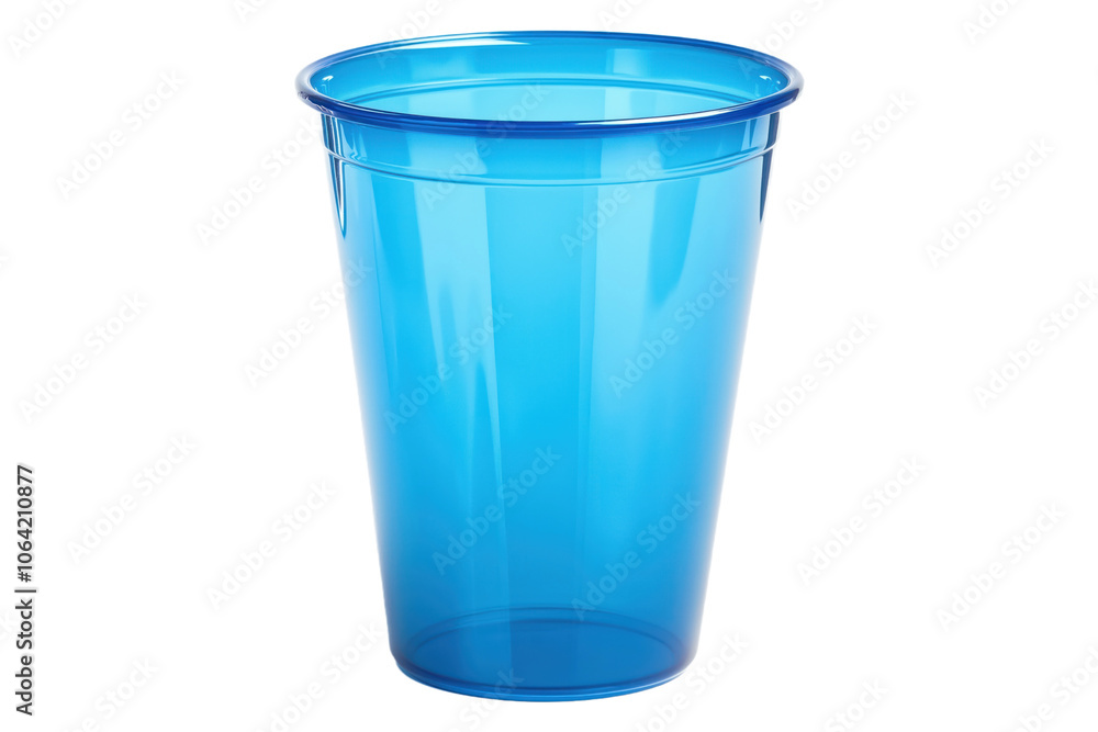 Blue plastic cup isolated on isolated background. Empty, transparent, smooth, pristine, clean cup. Round shape, handle pointing left. Single object, disposable, plastic, clear, beverage, drink, glass, Blue plastic cup isolated on isolated background. Empty, transparent, smooth, pristine, clean cup. Round shape, handle pointing left. Single object, disposable, plastic, clear, beverage, drink, glass,