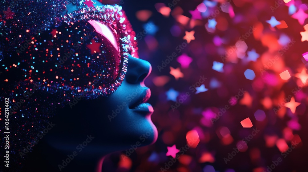 A person in glittery sunglasses with colorful confetti in a festive atmosphere. A person in glittery sunglasses with colorful confetti in a festive atmosphere.