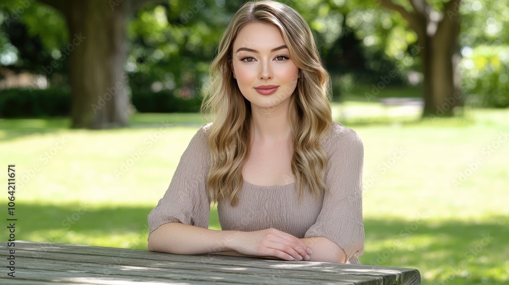 Young Woman Posed Gracefully at Outdoor Table Young Woman Posed Gracefully at Outdoor Table