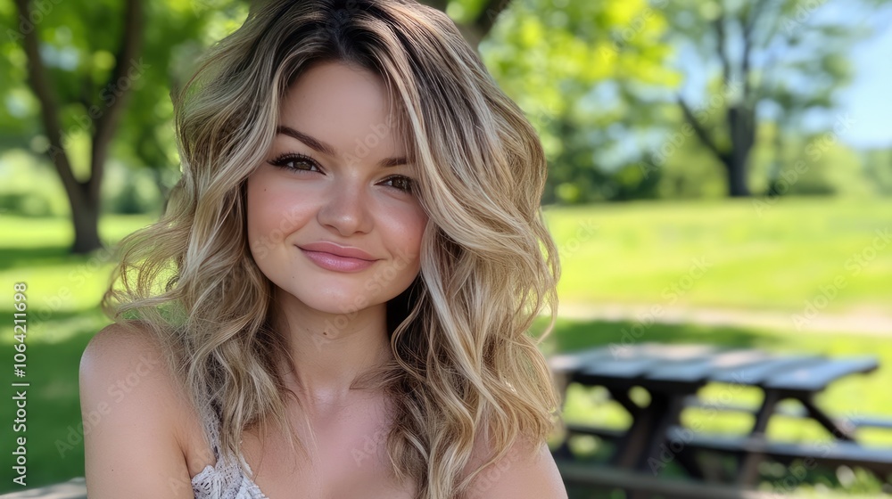 Naklejka premium Young Woman Smiling in Outdoor Greenery