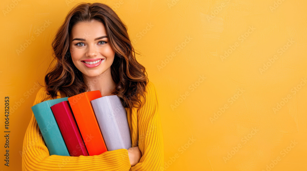 A cheerful schoolgirl poses with vibrant books, ready for a brand new school year filled with learning and fun. A cheerful schoolgirl poses with vibrant books, ready for a brand new school year filled with learning and fun.