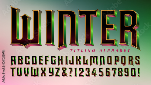 Winter is a black 3d styled retro alphabet with shiny reflected edges in emerald green and magenta.