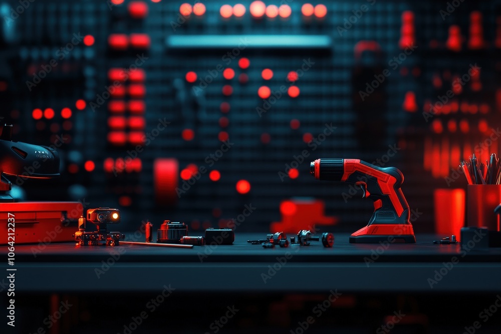 Close-up of a modern toolset with a drill and various instruments on a workshop table.
