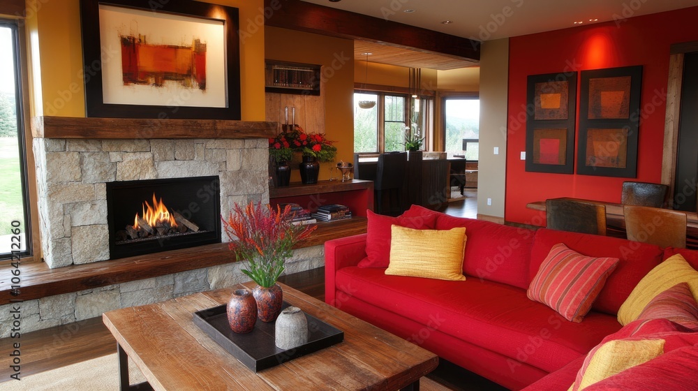 Fototapeta premium Cozy Living Room with Modern Design and Fireplace