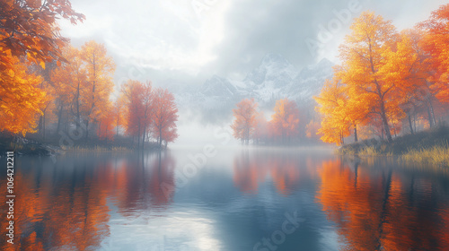 Lake surrounded by fall-colored trees with fog rising from the water in the early morning: The warm hues of autumn are reflected in the lake, and the fog creates a mystical and ser