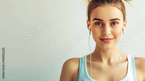 Energized woman checks her phone posttraining, radiating health and confidence in her sporty gym attire. photo