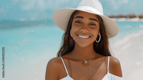 A stunning woman with a sunkissed glow enjoys the summer breeze in her flowing white dress and fashionable hat. photo