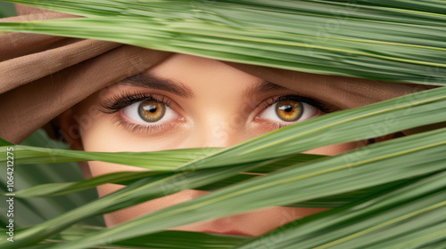 A stunning closeup of a womans eye framed by lush green grass, showcasing the beauty of nature and its elements.