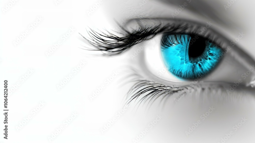 Stunning closeup of a womans blue eye, showcasing intricate details and bold black eyelashes with captivating light reflections. Stunning closeup of a womans blue eye, showcasing intricate details and bold black eyelashes with captivating light reflections.
