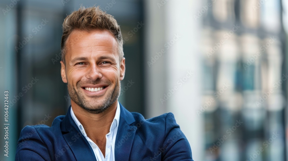 Confident businessman stands with arms crossed, smiling subtly in front of a sleek, modern office building.