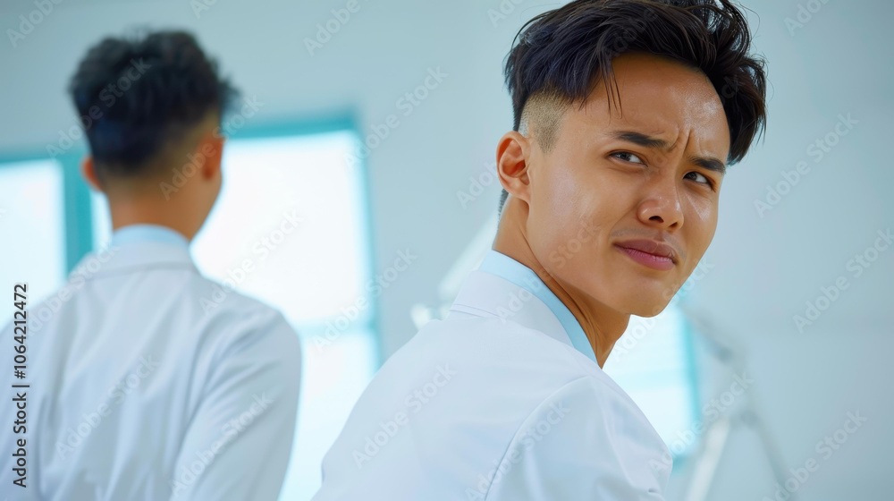 A businessman in pain at his desk struggles with backache after long hours of sitting. Comfort is key for productivity. A businessman in pain at his desk struggles with backache after long hours of sitting. Comfort is key for productivity.