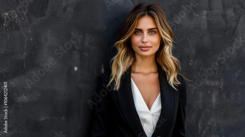 A poised woman in a sleek blazer exudes professionalism and grace, showcasing her wavy hair in a stylish office setting.