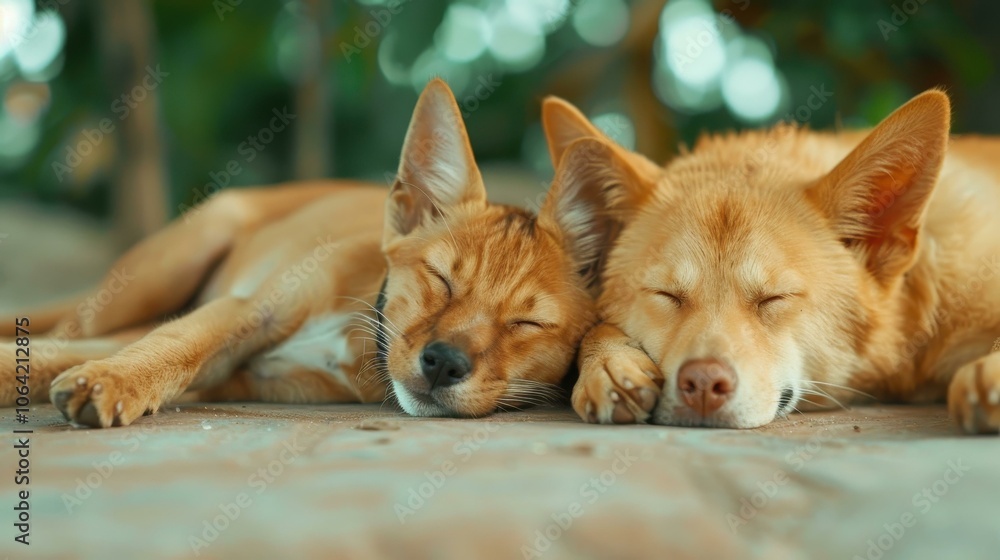 Naklejka premium A cozy moment in the garden, a cat and dog peacefully resting side by side amidst a soft, blurry backdrop.