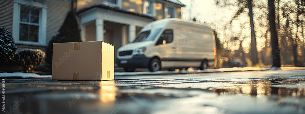 A parcel lies on the doorstep of a house with a delivery van standing in the background. Home delivery of a parcel. Home delivery concept. A parcel lies on the doorstep of a house with a delivery van standing in the background. Home delivery of a parcel. Home delivery concept.