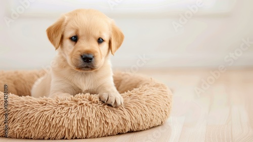 A charming small golden retriever puppy cozily resting on a plush pet bed, bringing joy to every corner of the home.