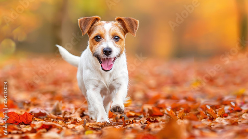 A playful Jack Russell Terrier bounds joyfully through vibrant autumn leaves, embodying the seasons spirit.