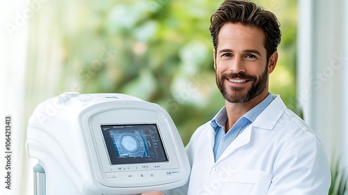 Skilled technician configuring the settings on a state of the art digital eye exam machine in preparation for a vision assessment. photo