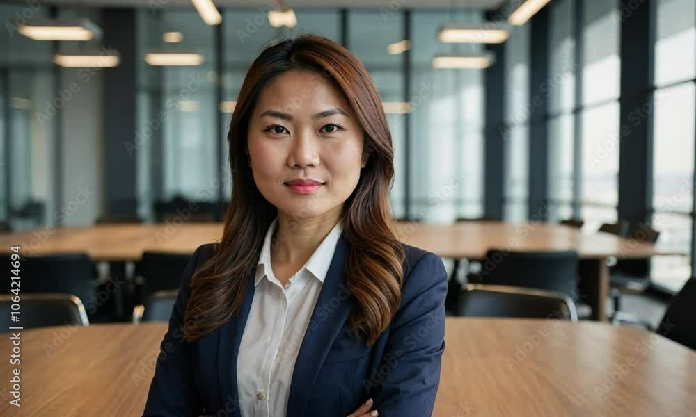 Portrait of a confident businesswoman in a modern office, conveying professionalism and leadership. Portrait of a confident businesswoman in a modern office, conveying professionalism and leadership.