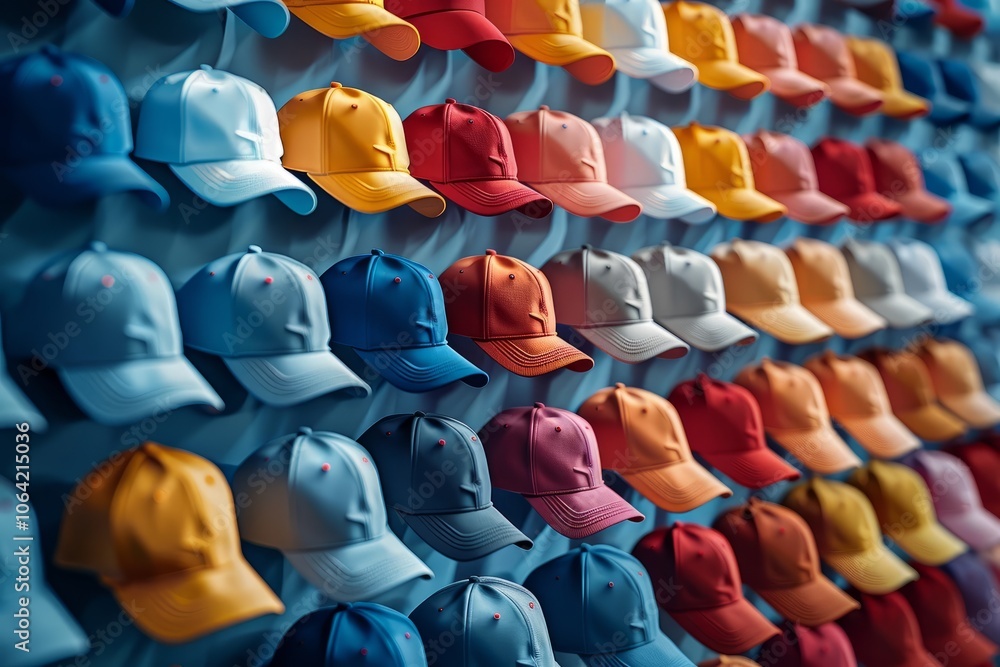 Fototapeta premium Wall display of colorful baseball caps arranged in rows