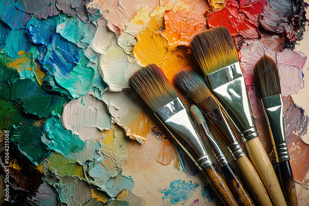 Fototapeta premium Assorted Paint Brushes and Palette on Textured Background – Creative Art Supplies for Painting, DIY Projects, and Artistic Inspiration