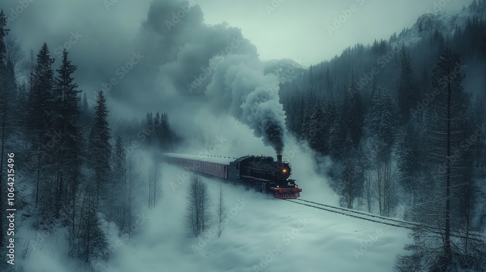 A steam train chugs through a snowy forest, its smoke billowing into the foggy air. A steam train chugs through a snowy forest, its smoke billowing into the foggy air.