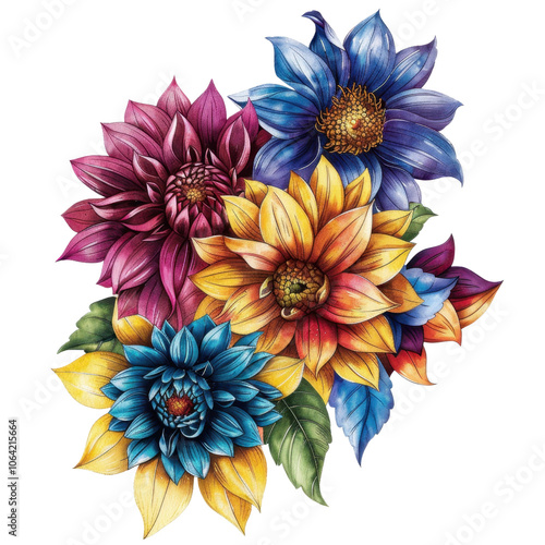 Vibrant floral arrangement featuring colorful sunflowers and dahlias, showcasing intricate details and rich hues that evoke sense of joy and beauty