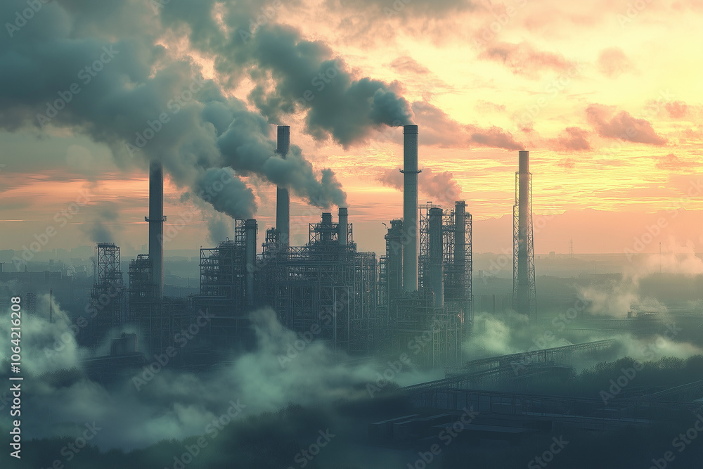 Industrial with smoking chimneys at sunset Industrial with smoking chimneys at sunset
