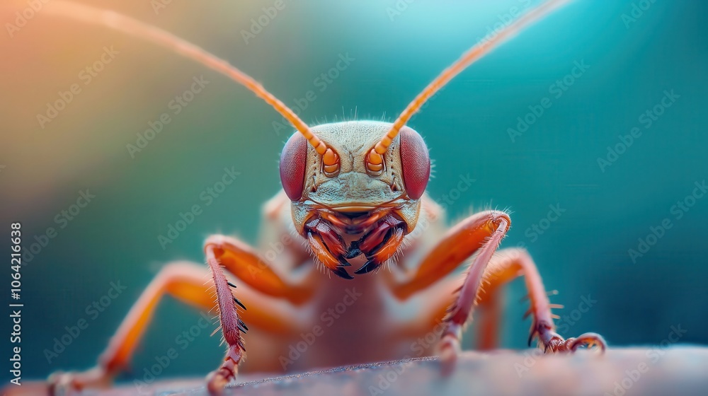 Fototapeta premium Captivating macro close up image showcasing the intricate details and vivid colors of an insect s compound eyes and antennae set against a blurred natural environment