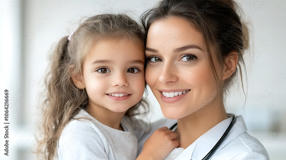 A caring female doctor with a sympathetic smile, speaking gently to a nervous young girl before administering a vaccine shot. A caring female doctor with a sympathetic smile, speaking gently to a nervous young girl before administering a vaccine shot.