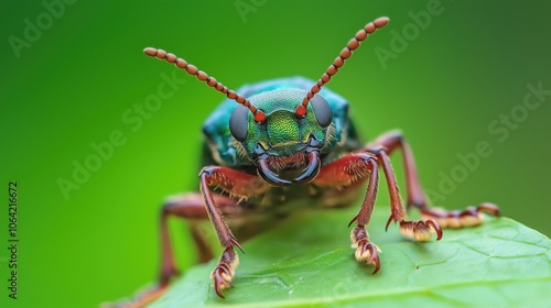 Captivating macro close up photograph of a fascinating grasshopper insect resting on a vibrant green leaf showcasing the intricate details and patterns of its exoskeleton compound eyes