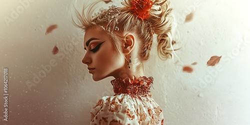 Whispers of the Wind: A young woman with captivating beauty stands in a dreamlike pose, her blonde hair swirling around her head, petals falling around her as if whispered by the wind.