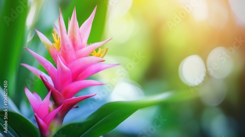 Closeup of a beautiful vibrant pink bromeliad flower with lush green foliage in a tropical garden setting photo