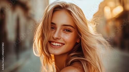 Joyful Young Woman Smiling in Sunset Light