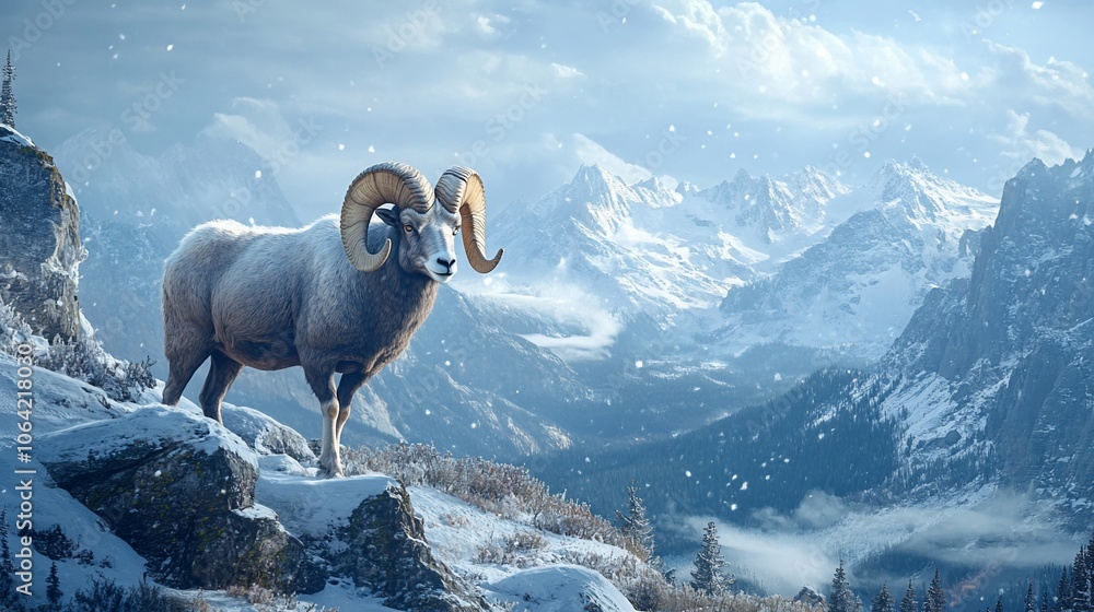 Naklejka premium A majestic bighorn sheep stands on a snowy mountain peak with a breathtaking view of the snowy mountains in the background.