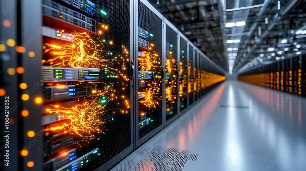 A visually striking shot of a spacious server room bathed in darkness, with a network of interconnected servers showcasing a mesmerizing array of neon lights and data A visually striking shot of a spacious server room bathed in darkness, with a network of interconnected servers showcasing a mesmerizing array of neon lights and data