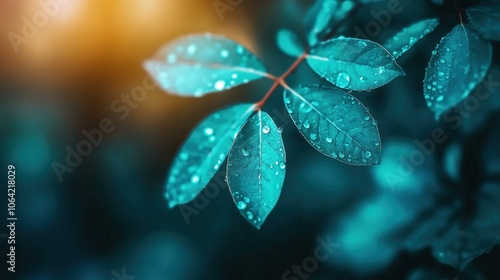 Closeup view of lush green leaves with glistening raindrops in a tranquil natural setting conveying a sense of freshness serenity and the beauty of the natural world