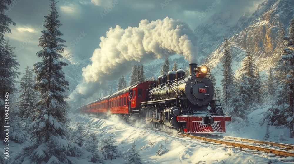 Obraz premium A red steam locomotive pulls a train through a snowy mountain pass, with tall evergreen trees lining the track.