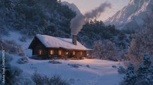 Snow covered cabin in the mountains with smoke rising from the chimney