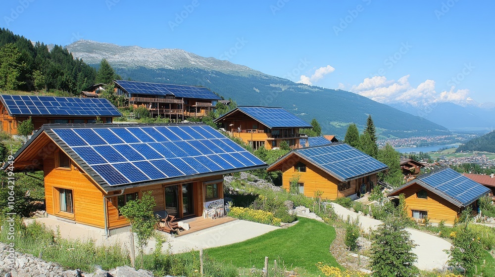 Eco-Friendly Homes with Solar Panels in Scenic Landscape Eco-Friendly Homes with Solar Panels in Scenic Landscape