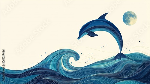   A painting of a dolphin jumping out of the water with a full moon above the ocean waves photo